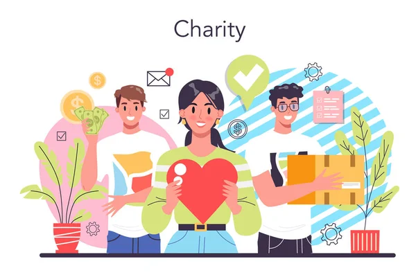 チャリティーコンセプト 人やボランティアは他人を助けるために物を寄付する 人道支援と慈善活動のアイデア 漫画風の孤立ベクトルイラスト — ストックベクタ