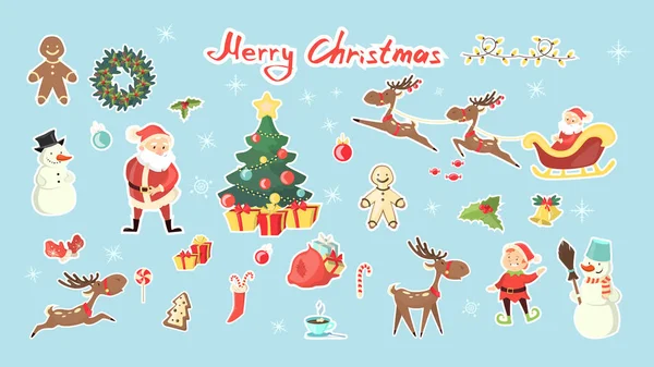 Feliz Navidad Set Santa Claus Con Muñeco Nieve Ciervos Pan — Vector de stock