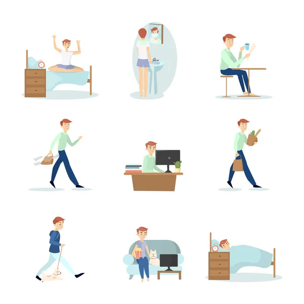 Man Daily Routine Daily Life Young Handsome Man Waking Working — Stock Vector