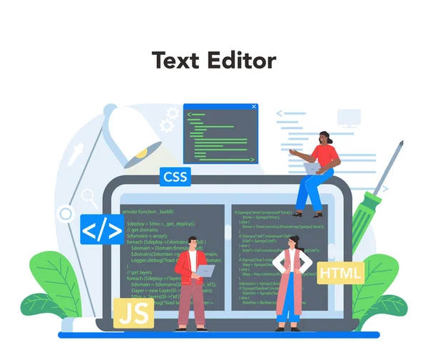 Frontend development online service or platform. Website interface design improvement. Web page programming, coding and testing. Online text editor. Isolated flat vector illustration