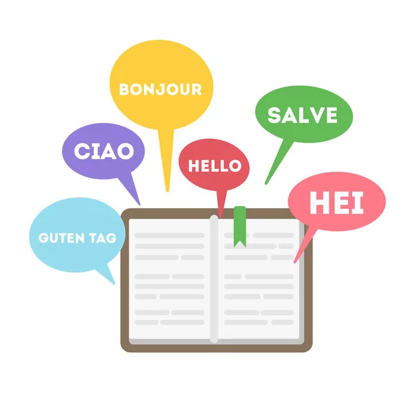 Aprender Concepto Idiomas Libro Con Palabra Hola Diferentes Idiomas — Archivo Imágenes Vectoriales