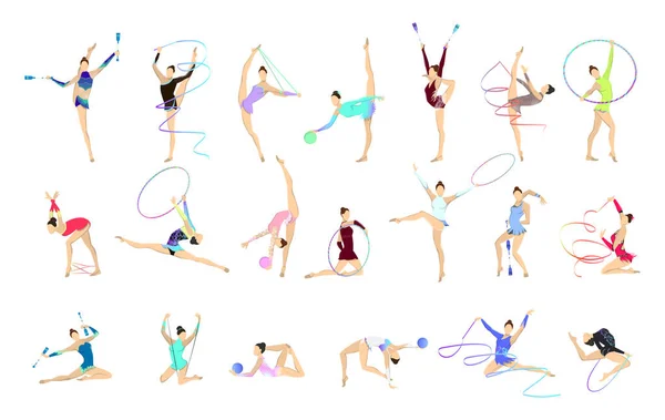 Набір Ілюстрацій Гімнастики Жінки Одязі Гімнастичним Обладнанням Стрічка — стоковий вектор