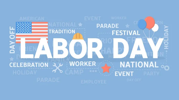 Labor day illustration. Word cloud with american flags and workers.