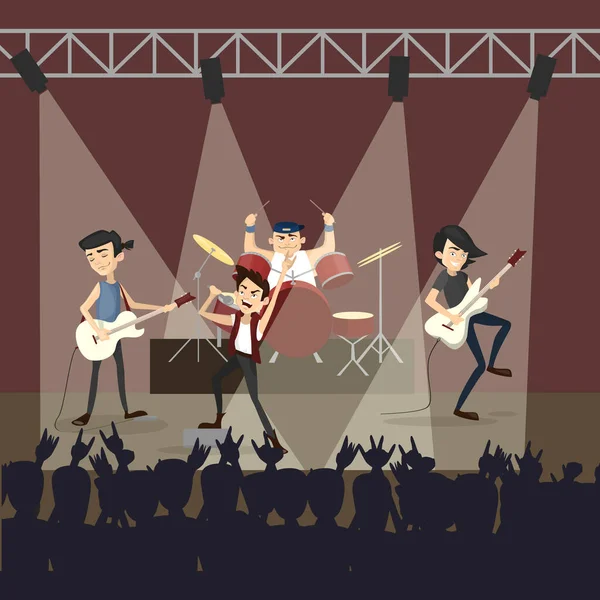 ロック グループのコンサート 面白い幸せなバンドと観客 — ストックベクタ