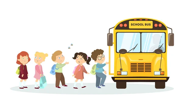 Schulbus Und Kinder Isolierte Comicfigur Auf Weißem Hintergrund — Stockvektor