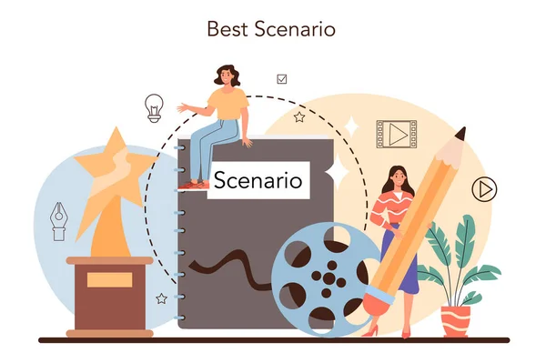 Screenwriter Concept Playwright Create Screenplay Movie Author Writing New Scenario — Stock Vector