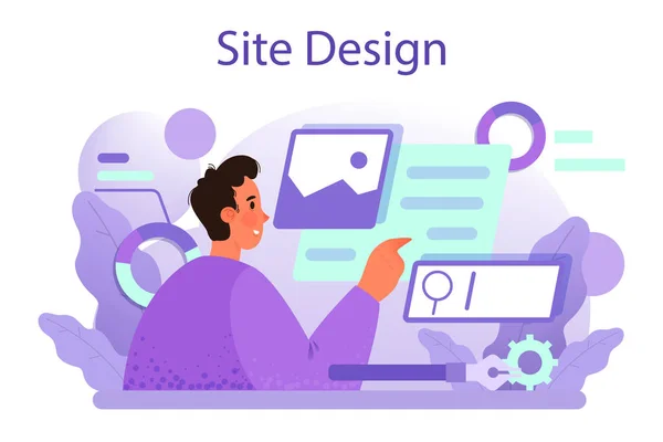 ウェブサイトのデザインコンセプト Webページにコンテンツを表示します ウェブサイトのレイアウト 組成や色の開発 コンピュータ技術のアイデア 平面ベクトル図 — ストックベクタ