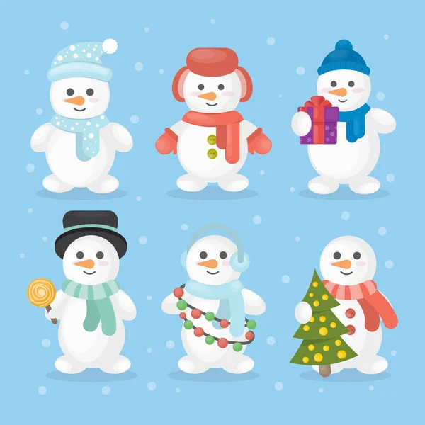 Σετ Αστεία Χιονάνθρωπους Χιονάνθρωπους Διαφορετικά Ρούχα Σαν Καπέλο Και Φουλάρι — Διανυσματικό Αρχείο
