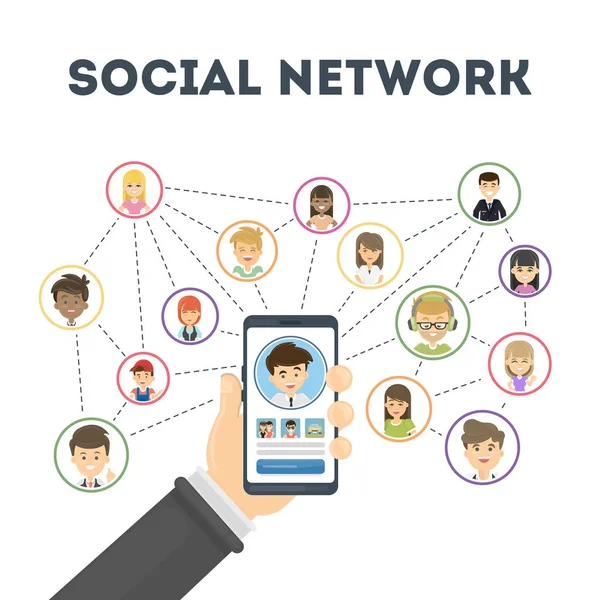 社会网络的概念 手控股智能手机与连接 — 图库矢量图片