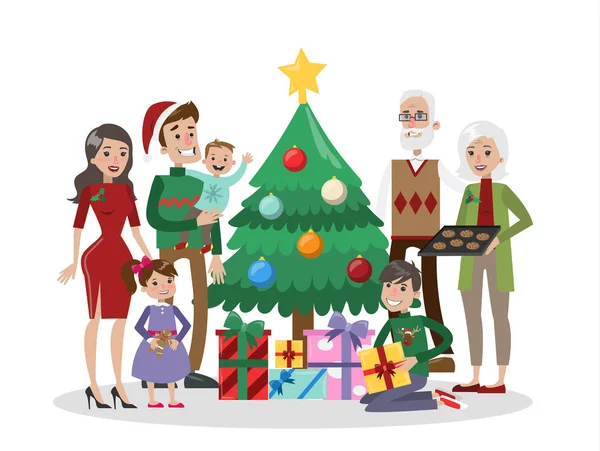 Aile Ile Noel Ağacı Mutlu Aile Noel Kostümleri Ile Hediye — Stok Vektör