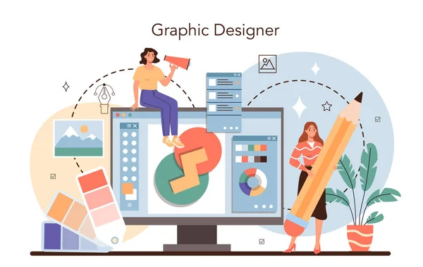 Designer Concept Advert Designer Graphic Illustrator Artist Creating Modern Advertisment — Stock Vector