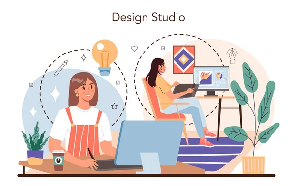 Design Studio Concept Advert Designer Graphic Illustrator Artist Creating Modern — Stock Vector