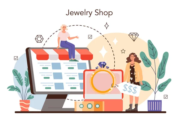 珠宝店的概念 贵重宝石珠宝生意 金匠作坊 奢侈品业 创意人才和职业的概念 — 图库矢量图片
