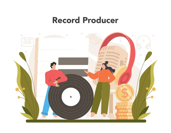 Producer concept. Popular music production, entertainment industry. Artist creating a record with a studio equipment. Idea of creative profession. Flat vector illustration
