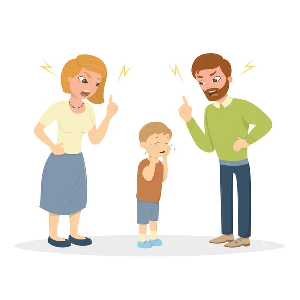 Parents Abuse Boy Angru Mom Dad Yell Little Scared Kid — Vector de stock