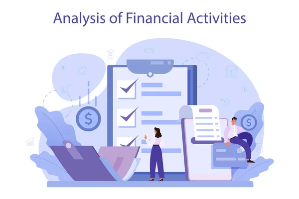 Analysis Financial Activities Business Character Reviewing Company Financial Operation Marketing — Vetor de Stock