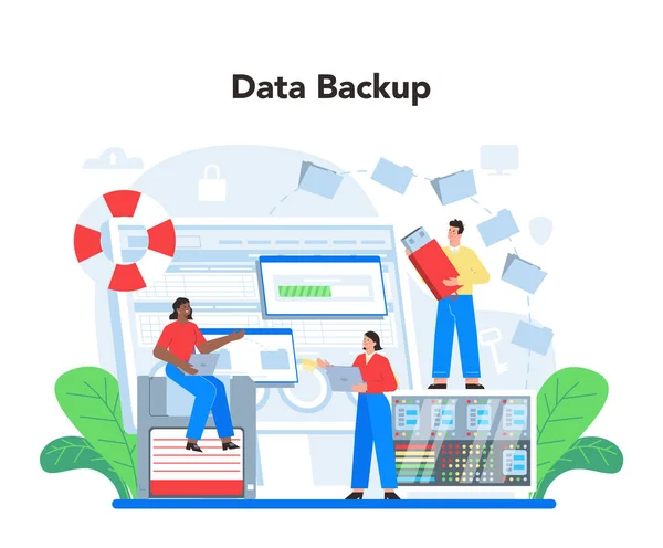 Data base administrator concept. Admin or manager working at data center. Data backup, modern computer technology, IT profession idea. Isolated vector illustration