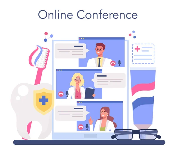 Dentist online service or platform. Dental doctor in uniform treating human teeth with equipment. Caries treatment. Online conference. Flat vector illustration