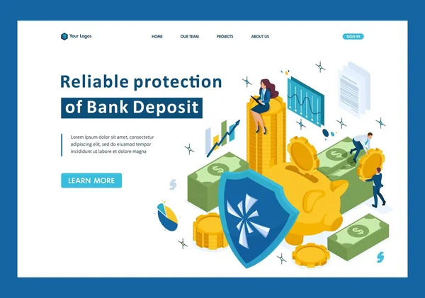 Isometrische Betrouwbare Bescherming Van Geld Bankoverschrijving Veiligheid Bestemmingspagina Van Sjabloon — Stockvector