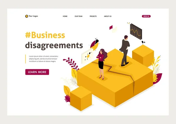 Isometric Business Partner Disagreements Disputes Conflicts Website Template Landing Page — Stock Vector