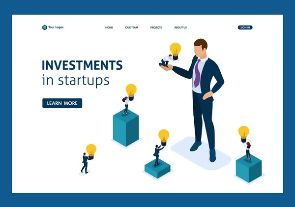 Izometrikus Üzletember Befektetési Lehetőséget Biztosít Indítás Üzleti Növekedést Befektetés Weboldal — Stock Vector