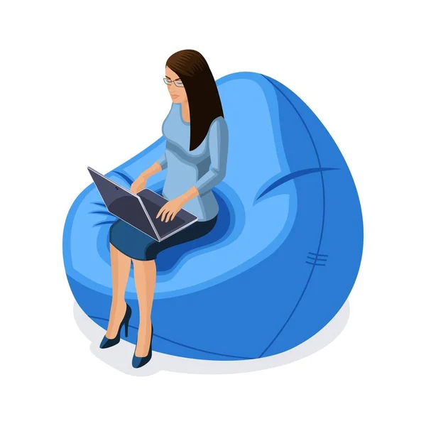 Izometrické Obchodní Žena Miniaplikacemi Mladý Podnikatel Pracuje Notebook Sedí Pohodlném — Stockový vektor