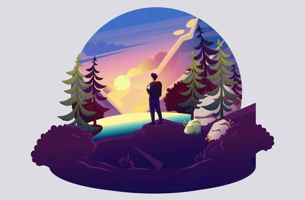 キャンプ 観光の背景に若い男の明るいイラスト 平面2文字 Webデザインの概念 — ストックベクタ