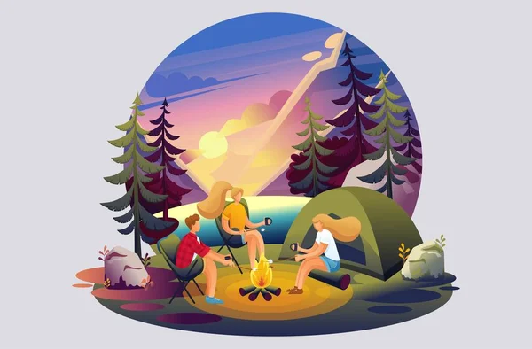 Bright illustration of outdoor recreation, camping, friends near the fire. Flat 2D character. Landing page concepts and web design.