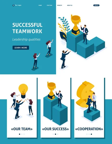 Isometric Website Template Landing Page Leadership Qualities Employees Rejoice Success — Stock Vector