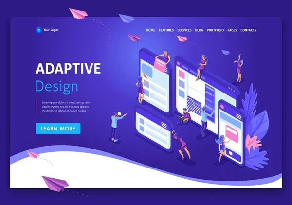 Template Landing page Isometric concept of web page design and development of mobile websites, adaptive design, applications. Easy to edit and customize.