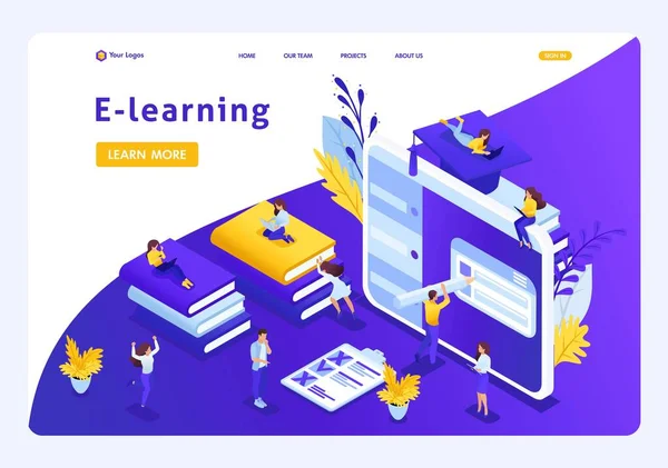 Website Template Landing page Isometric concept e-learning for second higher education, self-study, advanced training. Easy to edit and customize.