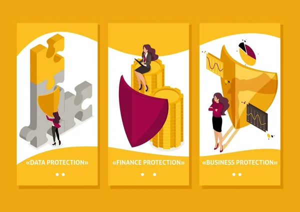Isometric Template app how to ensure full safety of your business, lawyer girl, smartphone apps.