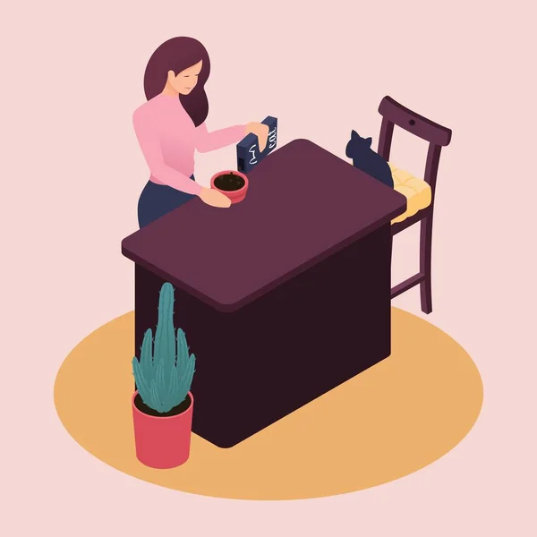 Isometric a young woman spends the weekend at home, taking care of Pets friend cat food for cats, kitchen. Color vector illustration in flat style.