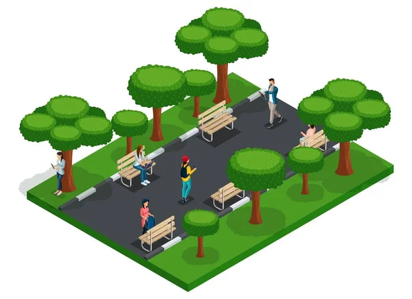 Trendy People Isometric vector 3D teenagers, young people, students, freelancers, running, walking in the park, benches, work outdoors.