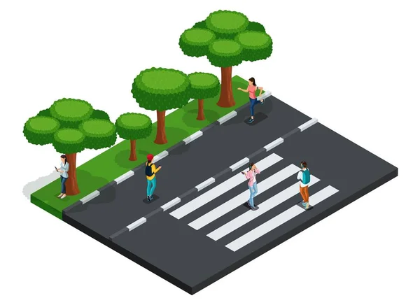 Trendy People Isometric vector 3D teenagers, young people, students, freelancers, roadway, curbs, trees, pedestrians, gadgets smatrfon.