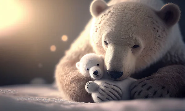 Cute family mom and baby polar bear in playing and hug with snow