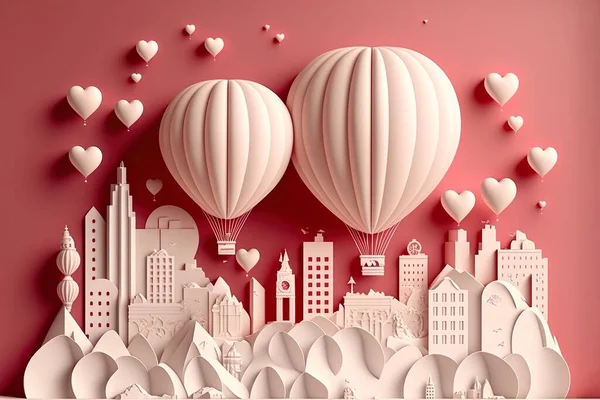 Air balloon in a heart shape on sky with city background  , paper cut art style, Love and Valentine day concept