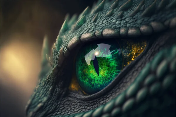 Green Dragon Eye close-up. Fantastic reptile. 3D illustration
