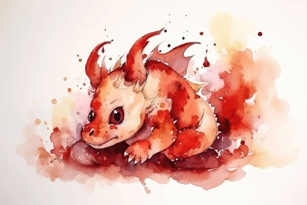 Cute little red dragon. Baby. Fantasy creature. Cartoon character. Watercolor. 3d illustration. Image. Digital painting.