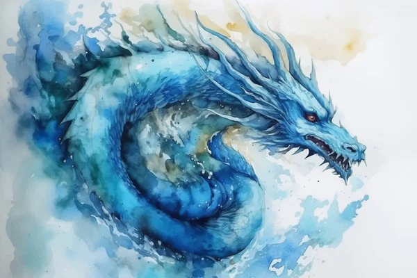 Head of Blue Fantasy Dragon. Watercolor illustration. Isolated