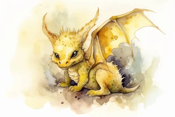 Cute little yellow dragon. Fantasy creature. Cartoon character. Watercolor. 3D illustration. Image. Digital painting.