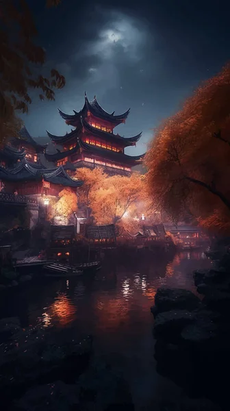 Beautiful Night view of chinese temple and the river in the autumn. Night scene of the ancient town. Autumn landscape with ancient pagoda. Chinese village. Trees. 3D illustration. Digital