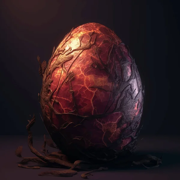 Red Fantasy Dragon egg . Decorative Easter Egg with a pattern. Isolated on solid dark black background. Legend and Fairy Tale. Colorful 3D Digital painting