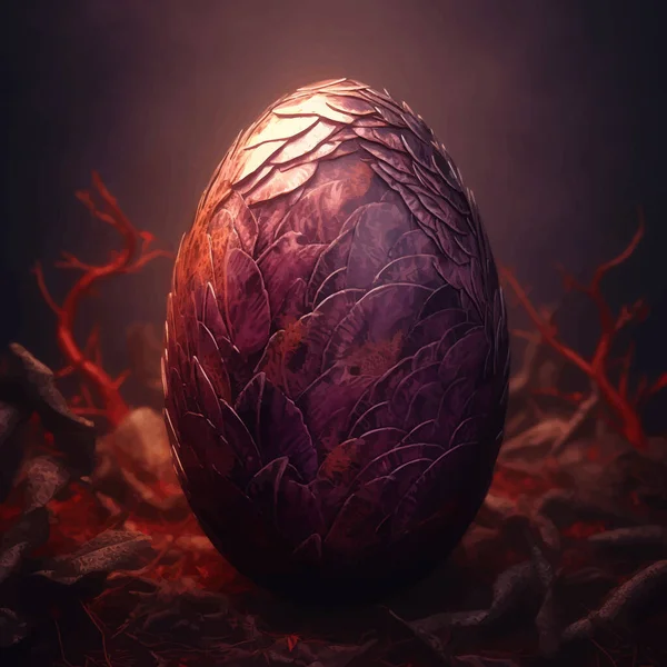Red Fantasy Dragon egg . Decorative Easter Egg with a pattern. Isolated on solid dark background. Legend and Fairy Tale. Colorful 3D Digital painting