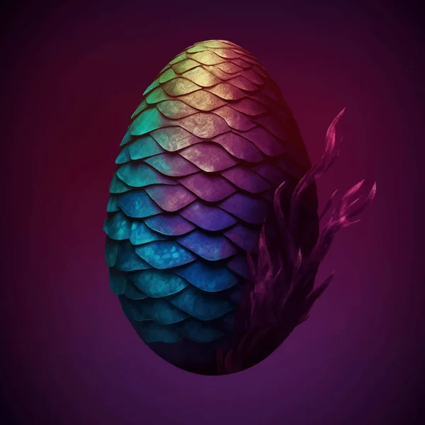 Fantasy Dragon egg . Decorative Easter Egg with a pattern. Isolated on solid dark purple background. Legend and Fairy Tale. Colorful rainbow gradient. 3D Digital painting