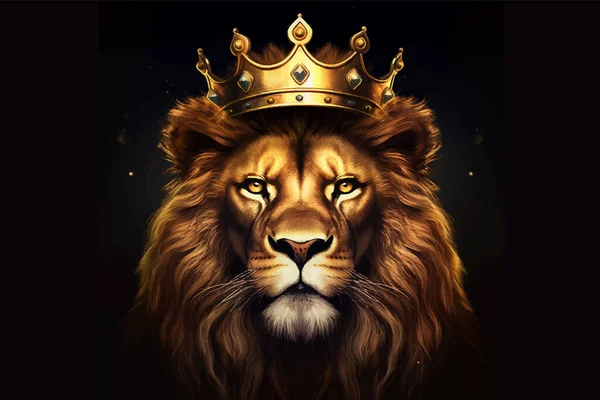 Head of King Lion with golden crown. The majestic King of beasts with luxuriant mane. Leo. Regal and powerful. Wild animal. Isolated on black. 3d digital painting
