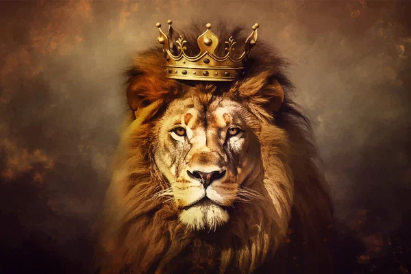 King Lion with golden crown. The majestic King of beasts with luxuriant mane. Head of Leo. Regal and powerful. Wild animal. Isolated on dark. 3d digital painting