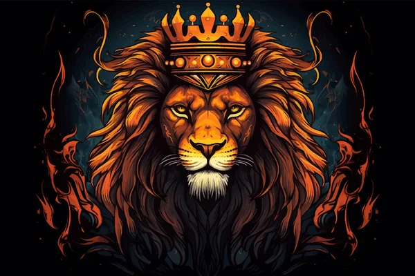 King Lion with golden crown. The majestic King of beasts with luxuriant flaming, blazing mane. Head of Leo. Regal and powerful. Wild animal. Fire background. 3d digital painting