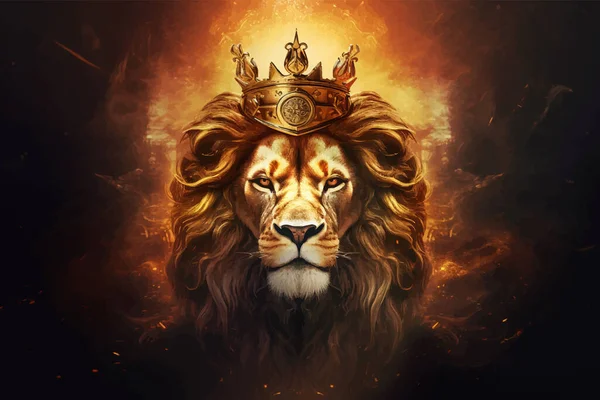 King Lion with golden crown. The majestic King of beasts with luxuriant flaming, blazing mane. Head of Leo. Regal and powerful. Wild animal. Fire background. 3d digital painting
