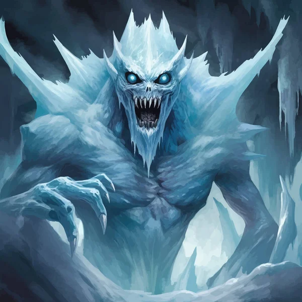 Ice demon with icy blue skin and glowing blue eyes. Fantasy monster with horns and sharp teeth. Dangerous creature. Legend Powerful monster. The Lord of darkness. 3d digital art